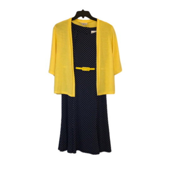 NorthStyle Dresses & Skirts - NorthStyle Polka Dot Navy and Capped Sleeve Dress with Yellow Cardigan size Med